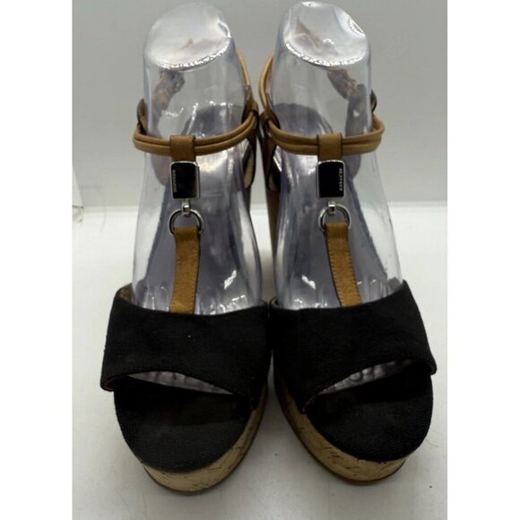 Coach Linden Women's Black Canvas Vegan Leather Cork Wedges Size 9B Strappy - Picture 2 of 7
